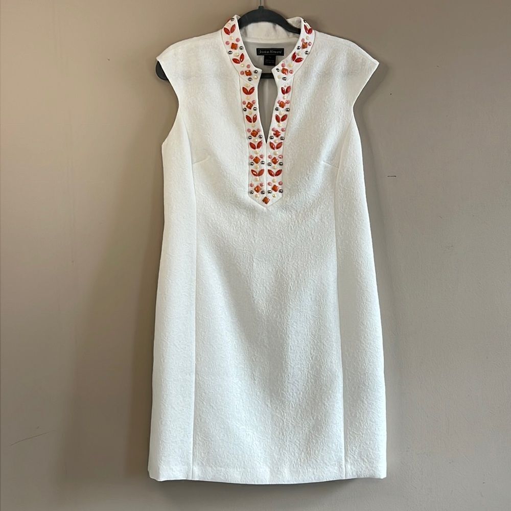Jessica Howard White Sleeveless Sheath with Jeweled Neckline - Size 12